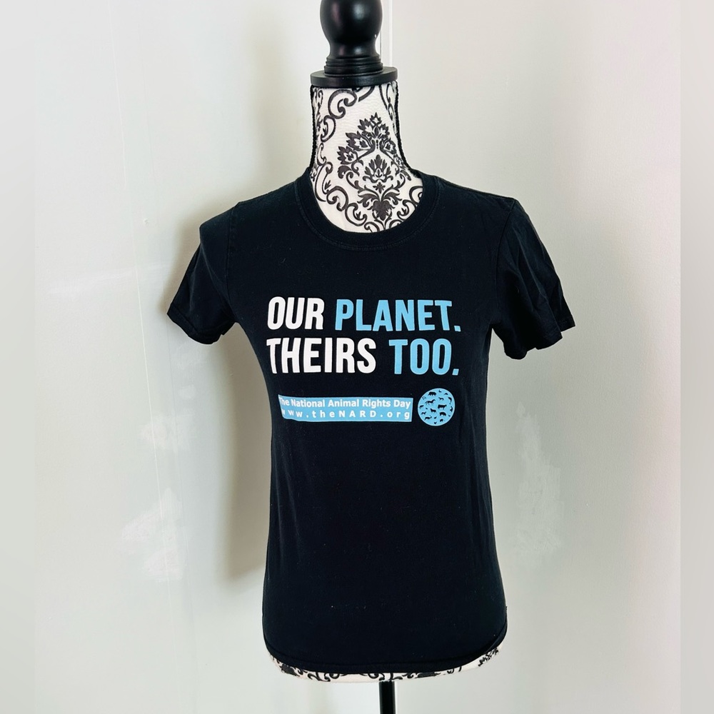 Our Planet Theirs Too NARD Women’s Black Blue Crew Neck Cotton T-Shirt Size XS